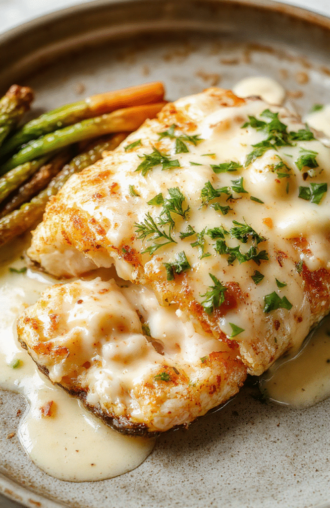 A beautifully plated flaky baked cod fillet topped with a vibrant coconut lemon cream sauce, garnished with fresh herbs, served on a white ceramic plate with a colorful background and a lemon wedge.