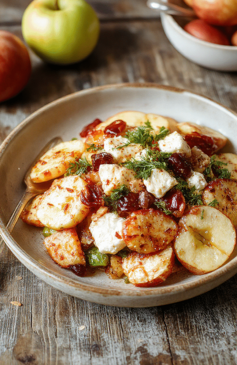 A vibrant apple feta salad featuring crisp red and green apple slices, creamy feta cheese crumbles, and mixed greens, arranged on a rustic wooden plate, with a light drizzle of vinaigrette, garnished with toasted walnuts. The colorful ingredients contrast beautifully, showcasing textures of crunchy apples and soft cheese atop fresh greens, styled simply for a cozy, inviting look.