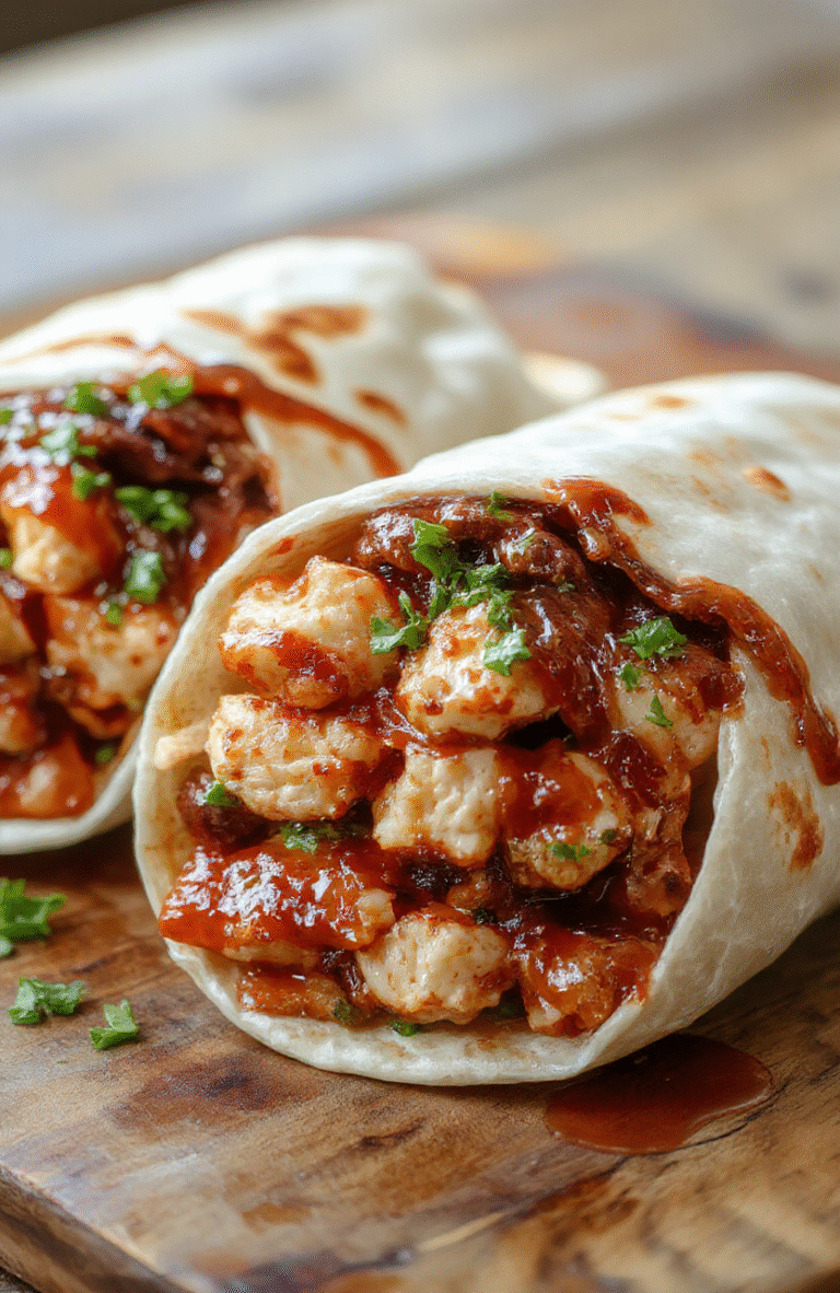 Colorful BBQ chicken wraps stacked on a platter, showcasing juicy grilled chicken, fresh lettuce, vibrant tomatoes, and melted cheese in a soft tortilla, garnished with herbs, on a rustic wooden surface with natural lighting.
