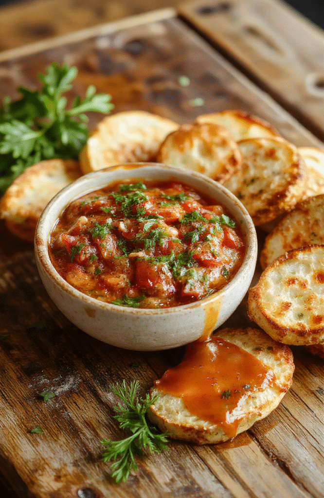 A vibrant bowl of flavorful bruschetta dip featuring diced ripe tomatoes, fresh basil, and garlic atop a creamy base, garnished with olive oil and grated cheese on a rustic wooden platter, colorful ingredients contrasted with a neutral background, textured bread slices nearby for dipping.