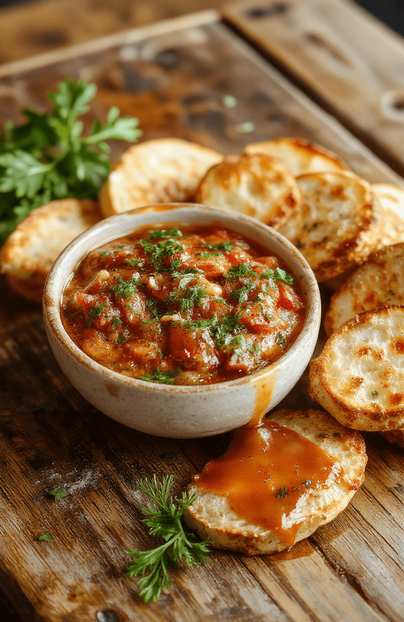 A vibrant bowl of flavorful bruschetta dip featuring diced ripe tomatoes, fresh basil, and garlic atop a creamy base, garnished with olive oil and grated cheese on a rustic wooden platter, colorful ingredients contrasted with a neutral background, textured bread slices nearby for dipping.