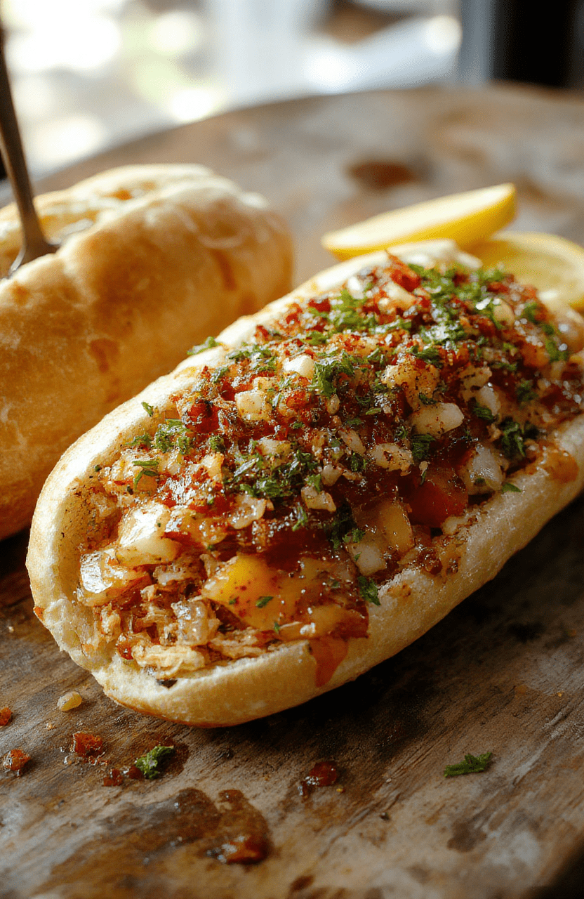 A vibrant chopped sub sandwich featuring colorful layers of fresh lettuce, sliced tomatoes, thinly sliced deli meats, melted cheese, and crunchy pickles, all nestled in a toasted hoagie roll with a drizzle of flavorful sauce. The sandwich is plated on a rustic wooden board with a side of potato chips, styled casually with a focus on the textured ingredients.