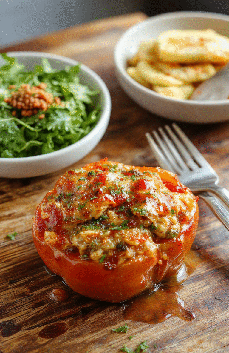 Colorful stuffed bell peppers filled with seasoned rice and ground meat, topped with melted cheese. The peppers are arranged on a rustic wooden plate, with vibrant red, yellow, and green peppers, showcasing a textured filling, garnished with fresh herbs and a drizzle of sauce. The presentation is inviting and highlights the rich, cheesy, and savory details.
