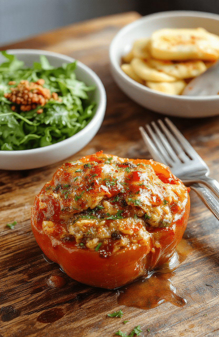 Colorful stuffed bell peppers filled with seasoned rice and ground meat, topped with melted cheese. The peppers are arranged on a rustic wooden plate, with vibrant red, yellow, and green peppers, showcasing a textured filling, garnished with fresh herbs and a drizzle of sauce. The presentation is inviting and highlights the rich, cheesy, and savory details.