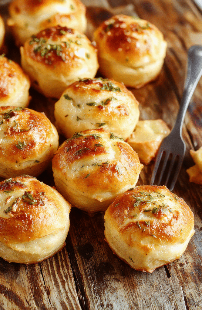 Golden brown fluffy garlic rolls arranged on a rustic wooden platter, brushed with buttery garlic butter, garnished with fresh parsley, with a soft inside visible through a slight tear, styled simply with a neutral background and natural daylight highlighting the texture and warm hues.