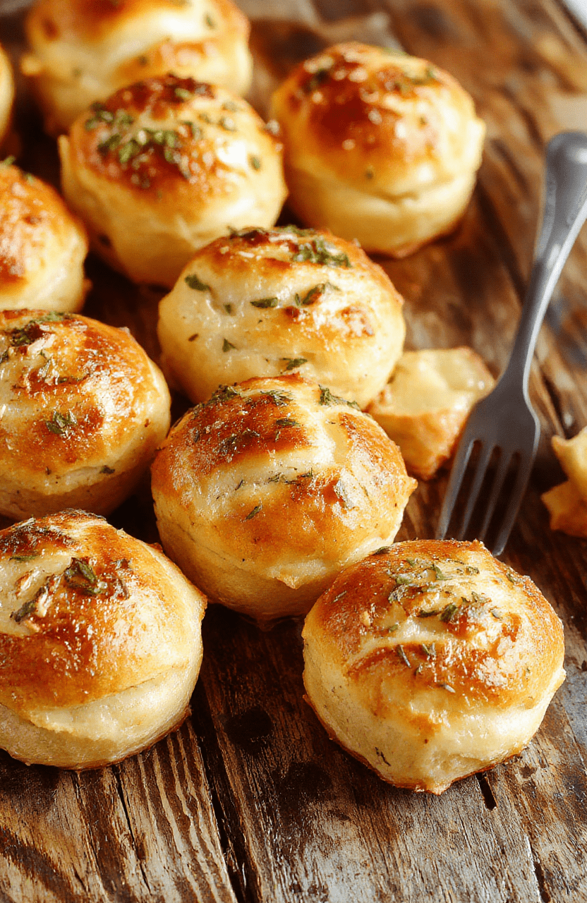 Golden brown fluffy garlic rolls arranged on a rustic wooden platter, brushed with buttery garlic butter, garnished with fresh parsley, with a soft inside visible through a slight tear, styled simply with a neutral background and natural daylight highlighting the texture and warm hues.
