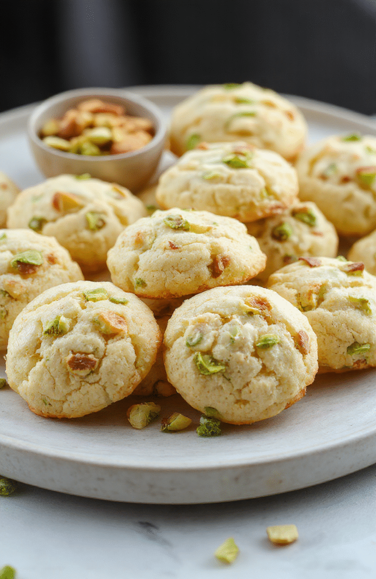 A close-up of fluffy pistachio cookies arranged on a rustic white platter, showcasing their soft texture and vibrant green pistachios sprinkled on top, with a pastel-colored spring table setting in the background.