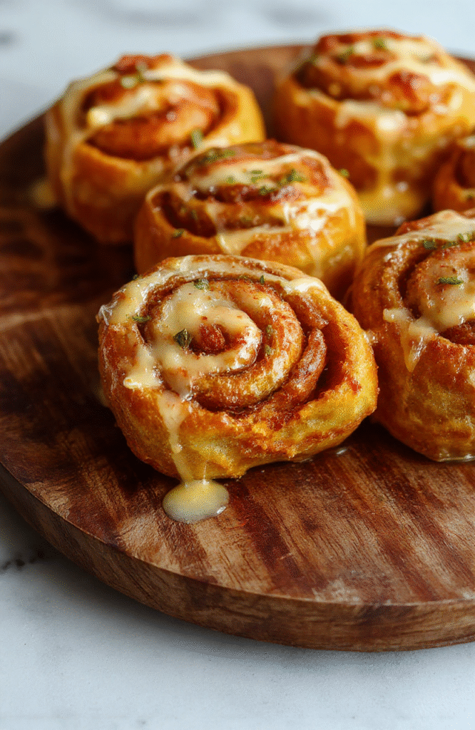 A close-up of golden fluffy pumpkin rolls topped with a light dusting of powdered sugar, arranged on a rustic wooden plate with autumn leaves in the background, showcasing their soft, pillowy texture and cinnamon swirl inside.