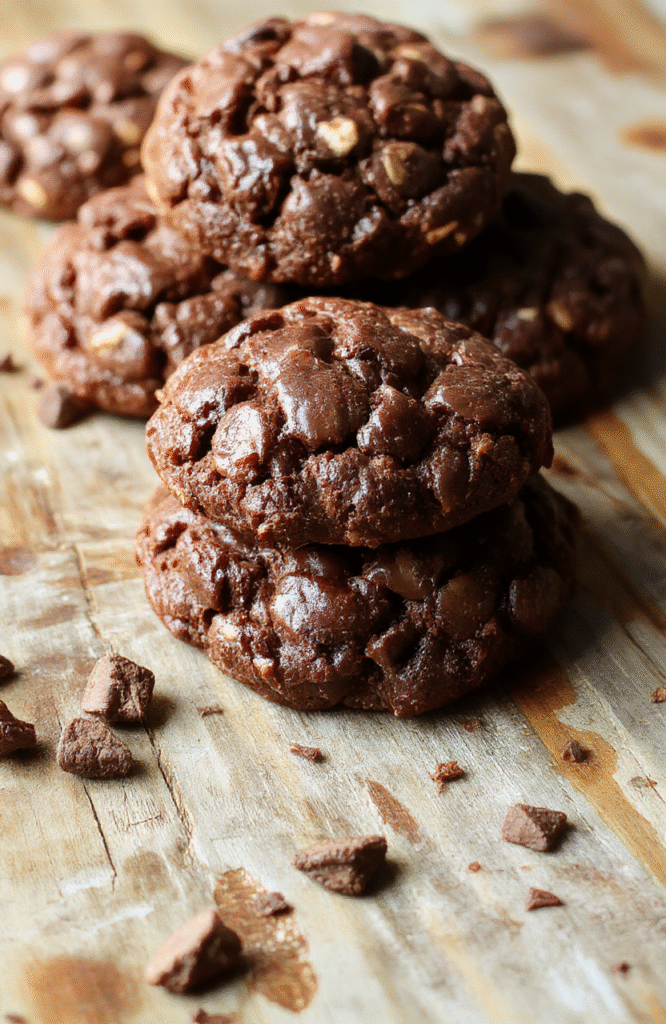 A close-up of fudgy chewy brownie cookies with cracked, shiny tops arranged on a rustic wooden platter, showcasing their rich chocolate color and chewy texture, with a blurred background of additional cookies and a glass of milk, styled minimally for a cozy dessert scene.