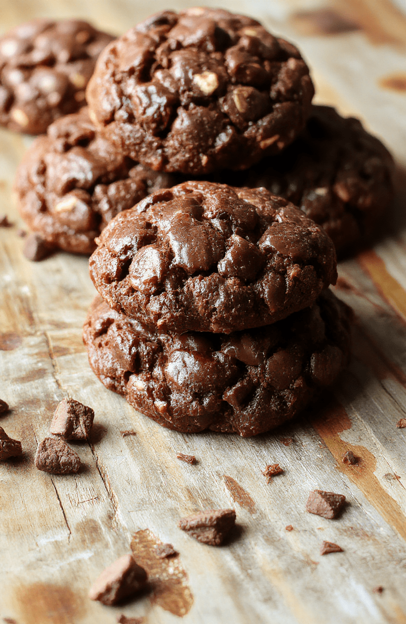 A close-up of fudgy chewy brownie cookies with cracked, shiny tops arranged on a rustic wooden platter, showcasing their rich chocolate color and chewy texture, with a blurred background of additional cookies and a glass of milk, styled minimally for a cozy dessert scene.