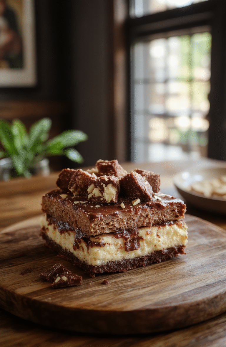 A rich slice of German Chocolate Cheesecake served on a white dessert plate, topped with coconut flakes, chocolate shavings, and a drizzle of caramel sauce. The cheesecake has a golden graham cracker crust, a creamy chocolate coconut filling, and an elegant presentation. The background features a neutral wooden table with soft natural light highlighting the textures and colors of the dessert.
