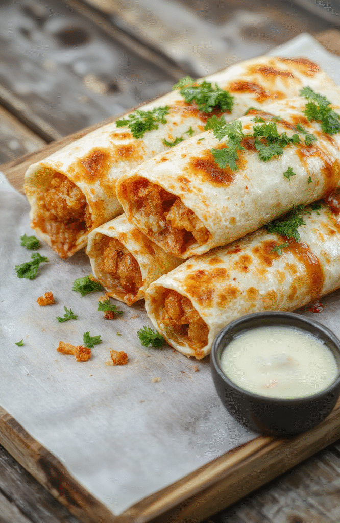 A vibrant plate of golden-brown crispy taquitos filled with seasoned meat and cheese, neatly rolled and crispy, served on a rustic wooden surface with fresh salsa and lime wedges, garnished with chopped cilantro for a colorful and appetizing presentation.