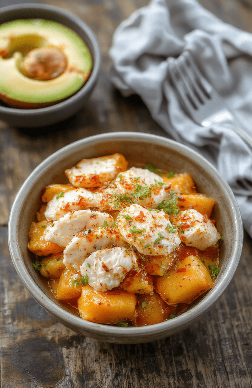 A vibrant chicken sweet potato bowl featuring roasted sweet potatoes, grilled chicken strips, fresh greens, and colorful toppings arranged on a white plate, with a rustic wooden table background, highlighting textures and vivid colors of the ingredients in natural daylight.