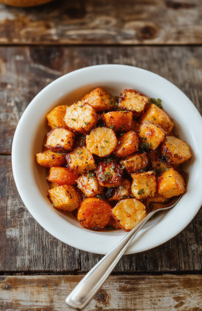 Colorful roasted sweet potatoes and carrots arranged on a white plate with lightly caramelized edges, garnished with fresh herbs, set against a rustic wooden background, with textured vegetables showing crispy edges and tender insides, styled simply to emphasize natural food textures.