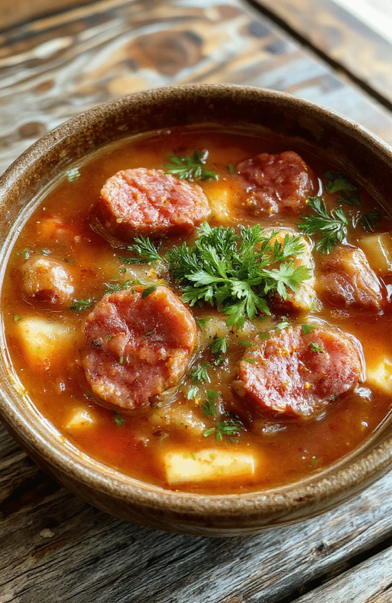 A steaming bowl of hearty kielbasa soup featuring slices of chorizo kielbasa, colorful vegetables, and fresh herbs in a rustic white bowl on a wooden table, with a textured cloth napkin beside. The vibrant orange, green, and deep brown hues highlight the rich and comforting nature of the dish, styled casually for a homey presentation.