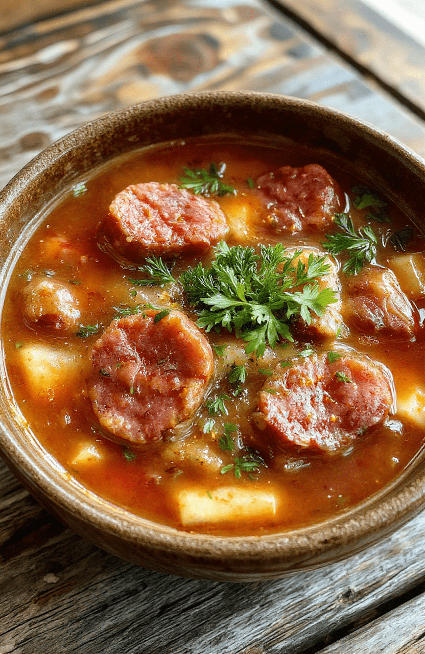 A steaming bowl of hearty kielbasa soup featuring slices of chorizo kielbasa, colorful vegetables, and fresh herbs in a rustic white bowl on a wooden table, with a textured cloth napkin beside. The vibrant orange, green, and deep brown hues highlight the rich and comforting nature of the dish, styled casually for a homey presentation.