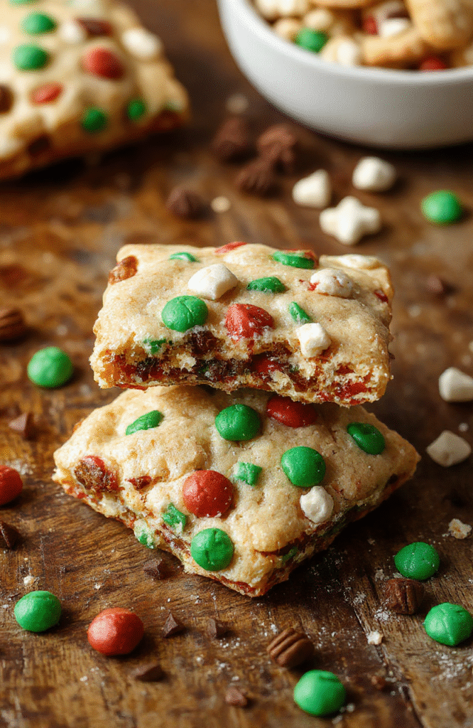 A colorful array of golden-brown Christmas cookie bars decorated with red and green sprinkles, placed on a rustic wooden board, with a soft-focus background of holiday decorations, capturing the textures and festive colors.