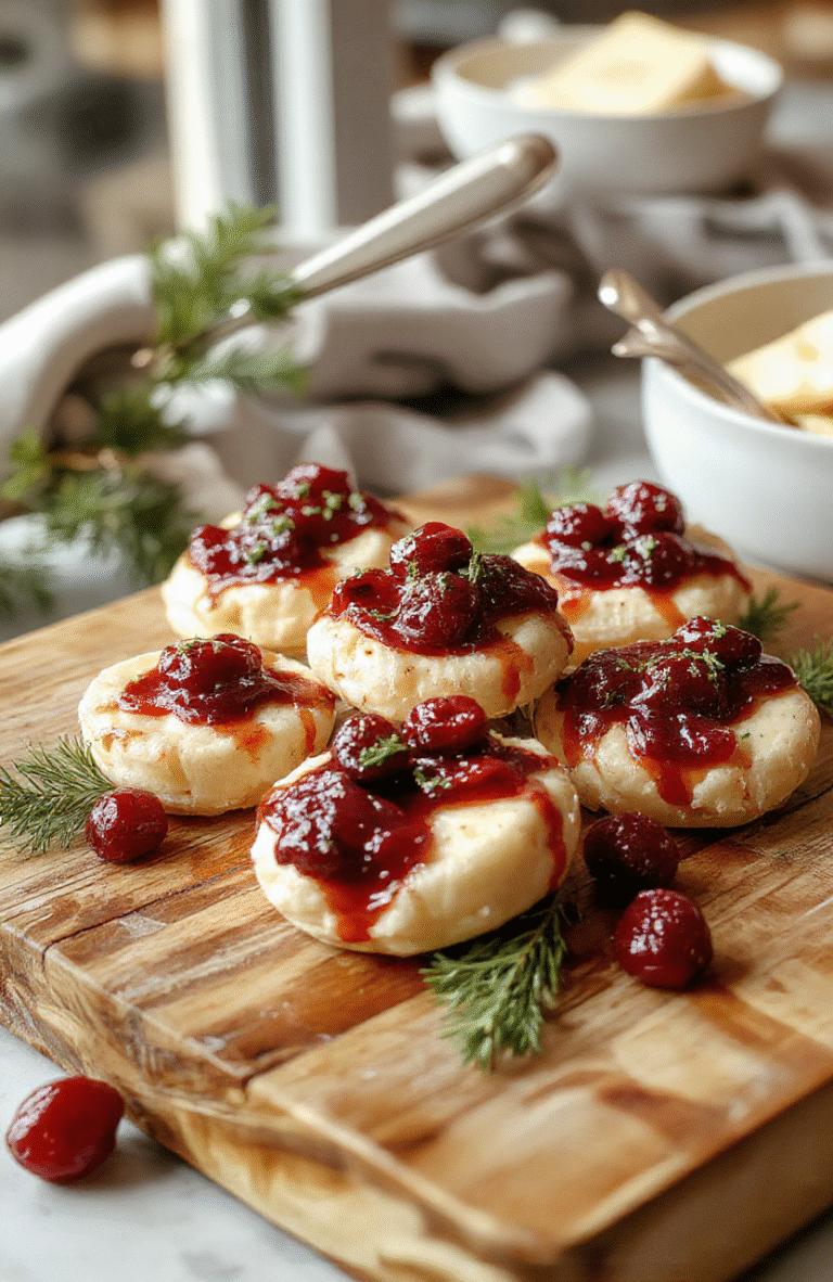 A close-up of golden-brown pastry cups filled with creamy brie cheese and vibrant cranberry sauce, garnished with fresh thyme on a rustic wooden board, colorful festive background, appealing textures, inviting holiday presentation
