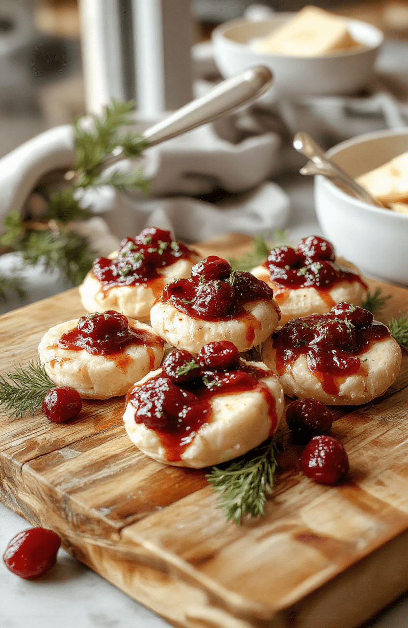 A close-up of golden-brown pastry cups filled with creamy brie cheese and vibrant cranberry sauce, garnished with fresh thyme on a rustic wooden board, colorful festive background, appealing textures, inviting holiday presentation
