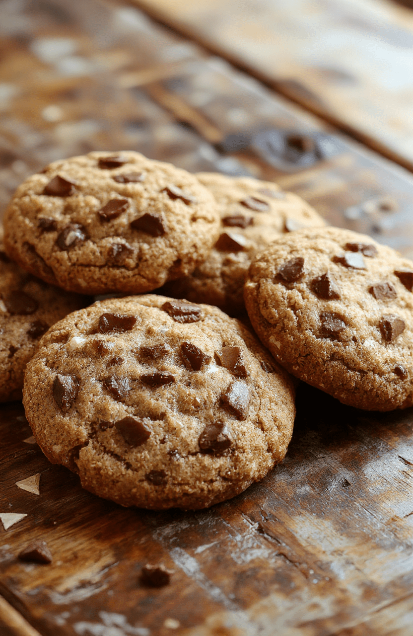 A rustic wooden plate filled with golden-brown cowboy cookies studded with chocolate chips and chopped nuts, stacked temptingly. The cookies exhibit a rough, hearty texture with a slightly crackled surface, highlighting their melt-in-your-mouth appeal. Light natural sunlight casts gentle shadows, emphasizing the texture and richness of the cookies, with a blurred background featuring a clean, cozy kitchen scene.