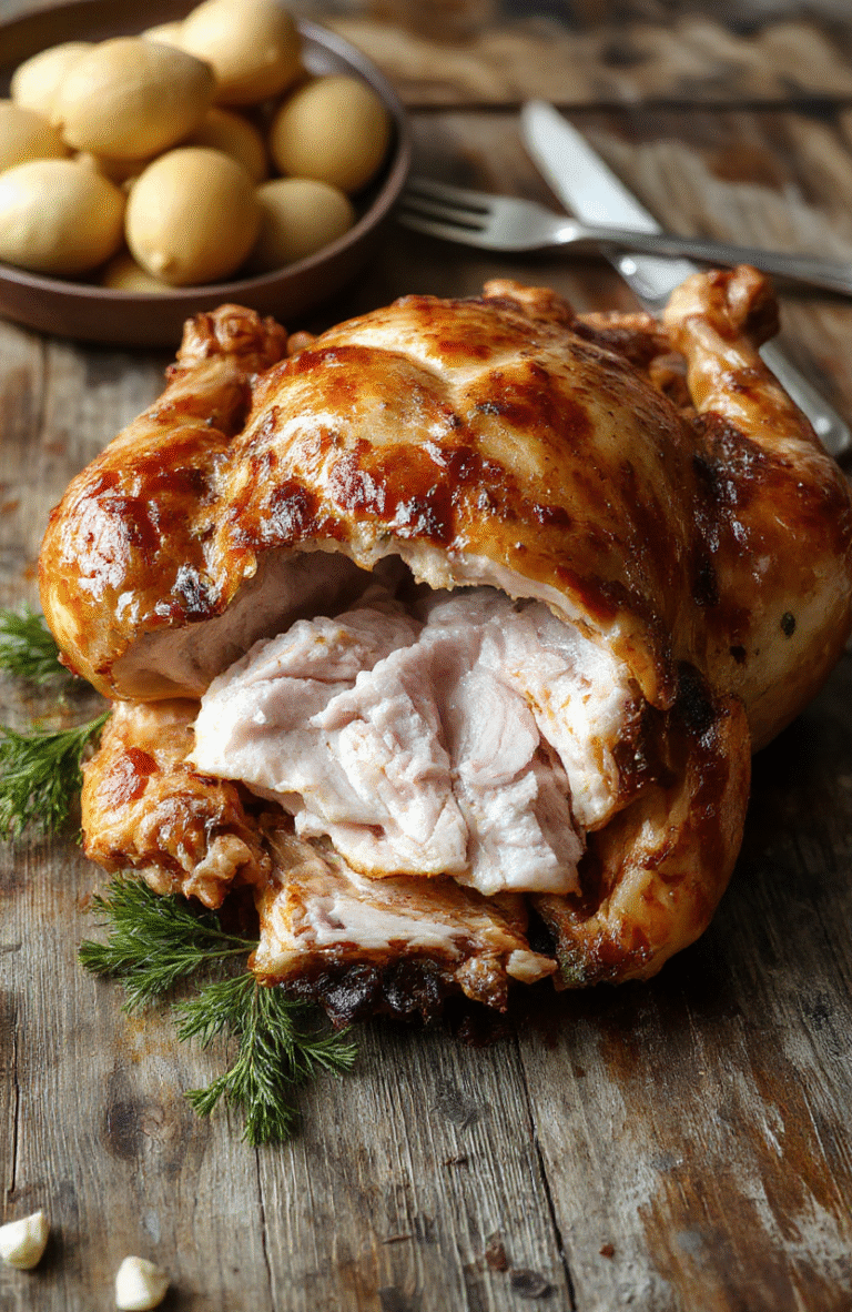 A golden-brown roast turkey beautifully plated on a white platter, surrounded by fresh herbs and vibrant vegetables, with crispy skin and tender meat, styled in a rustic holiday setting