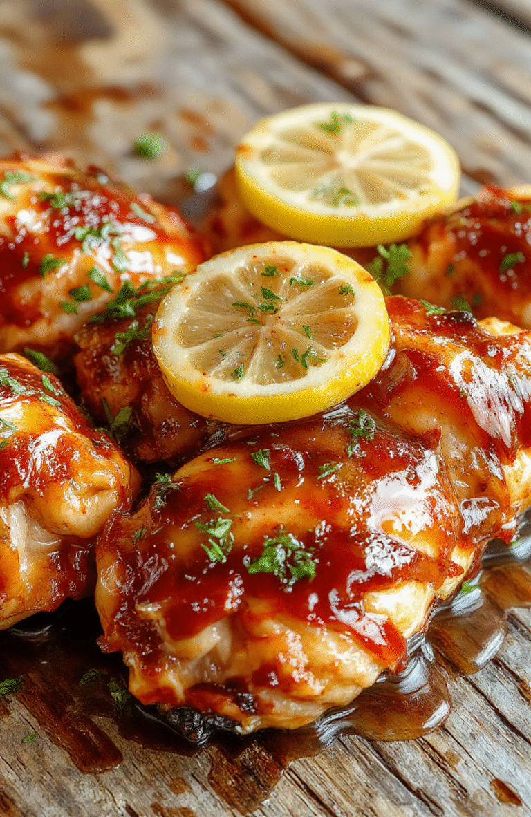 A vibrant plate of lemon honey glazed chicken resting atop a rustic wooden table. The chicken is golden-brown with a glossy lemon honey sauce drizzled generously, garnished with fresh lemon slices and herbs. Surrounding the dish are colorful vegetables and a sprig of thyme, with a soft natural light highlighting the glossy surface and tender textures.