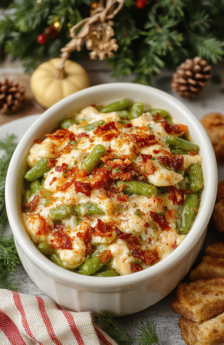 A vibrant green bean casserole in a rustic white baking dish topped with crispy fried onions, steam rising slightly, surrounded by holiday-themed decorations, with colorful vegetables and creamy sauce textures visible, styled simply for a warm, inviting look.