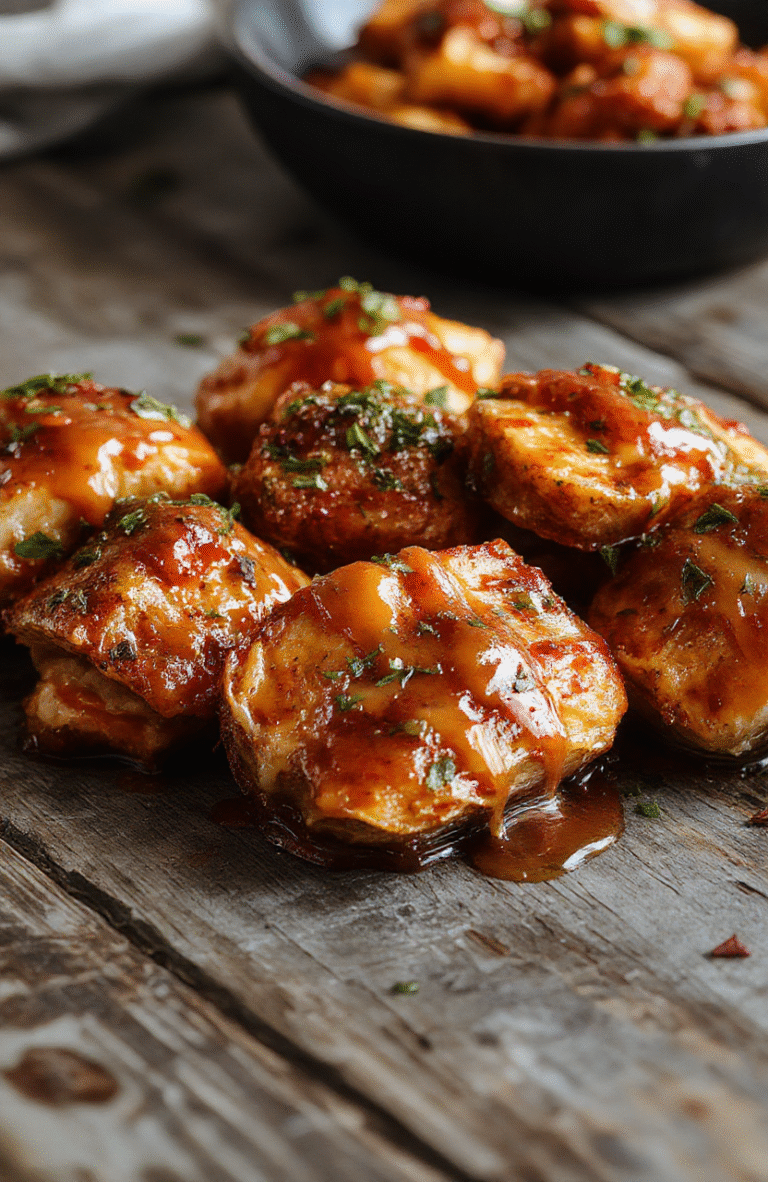 A vibrant plate of golden-brown candied yams topped with luscious caramel sauce, arranged elegantly with a drizzle of syrup, garnished with a sprig of thyme, set on a rustic wooden table with warm lighting highlighting the glossy caramel glaze and soft textures of the sweet potatoes.