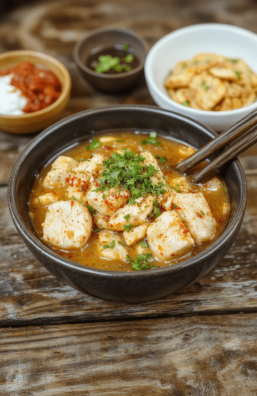A vibrant plate of chicken ramen stir fry featuring tender chicken, colorful bell peppers, and noodles tossed in a glossy savory sauce, beautifully plated on a rustic wooden table with fresh garnishes and chopsticks