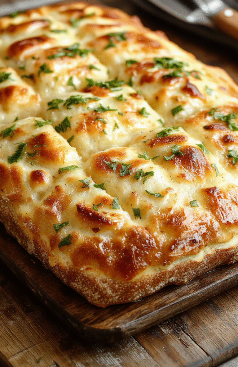 A golden-brown, soft garlic focaccia bread topped with fresh herbs and sliced diagonally on a rustic wooden board, with a drizzle of olive oil, highlighting its fluffy interior and crispy crust, styled with simple ingredients around