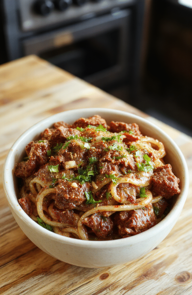 Vibrant bowl of Mongolian ground beef noodles featuring glossy, caramelized ground beef on top of tender stir-fried noodles, garnished with sliced green onions and sesame seeds, colorful sauce coating the dish, styled simply on a white plate with a neutral background.