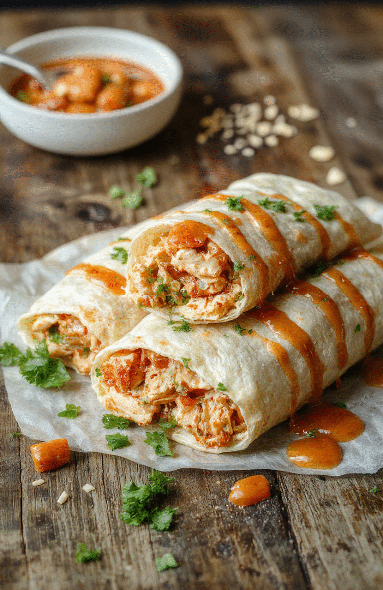 A vibrant plate of chicken wraps featuring tender chicken strips coated in glossy sweet chili sauce, wrapped in fresh tortillas with colorful diced vegetables, garnished with chopped cilantro on a wooden table with natural daylight highlighting the glossy sauce and crisp textures.