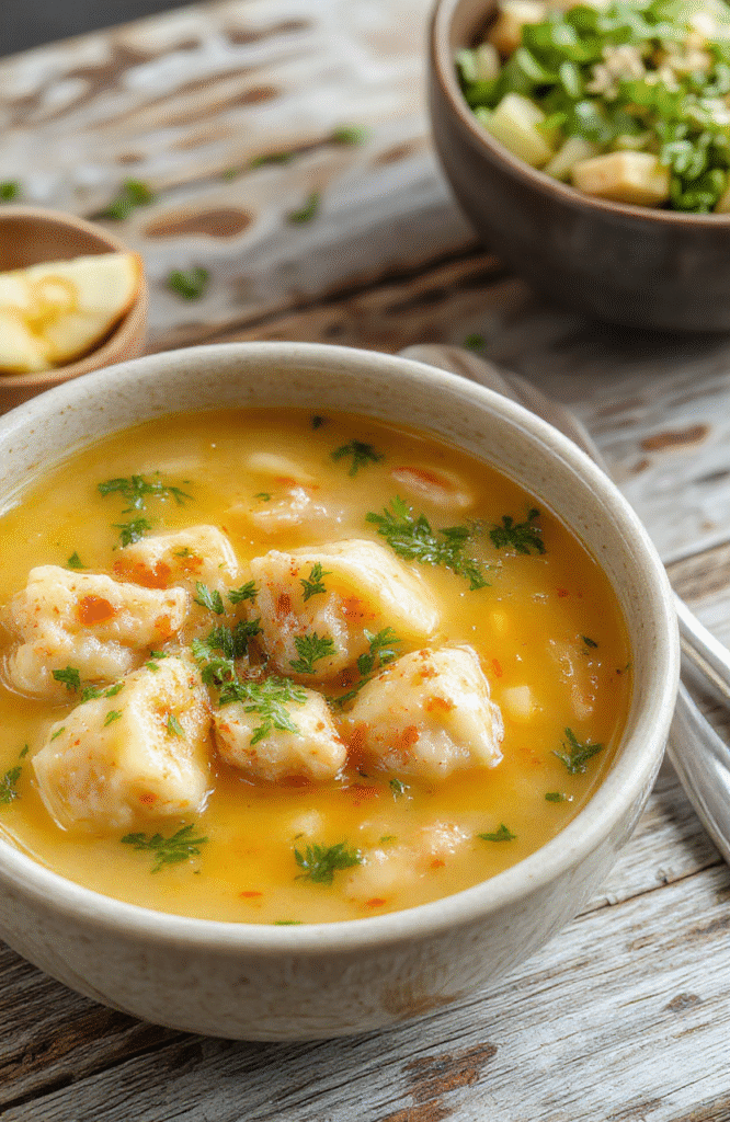 A steaming bowl of chicken dumpling soup with golden-brown dumplings, tender chicken pieces, green herbs, and vegetables in a clear, flavorful broth, served on a rustic wooden table with fresh herbs and a spoon, vibrant colors, appetizing textures, casual presentation.