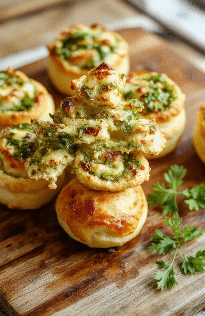 A beautifully arranged puff pastry tree decorated with dollops of vibrant green pesto, cherry tomato accents, and grated cheese on a rustic wooden board, with a blurred festive background, showcasing a flaky, golden-brown texture and fresh garnishes.