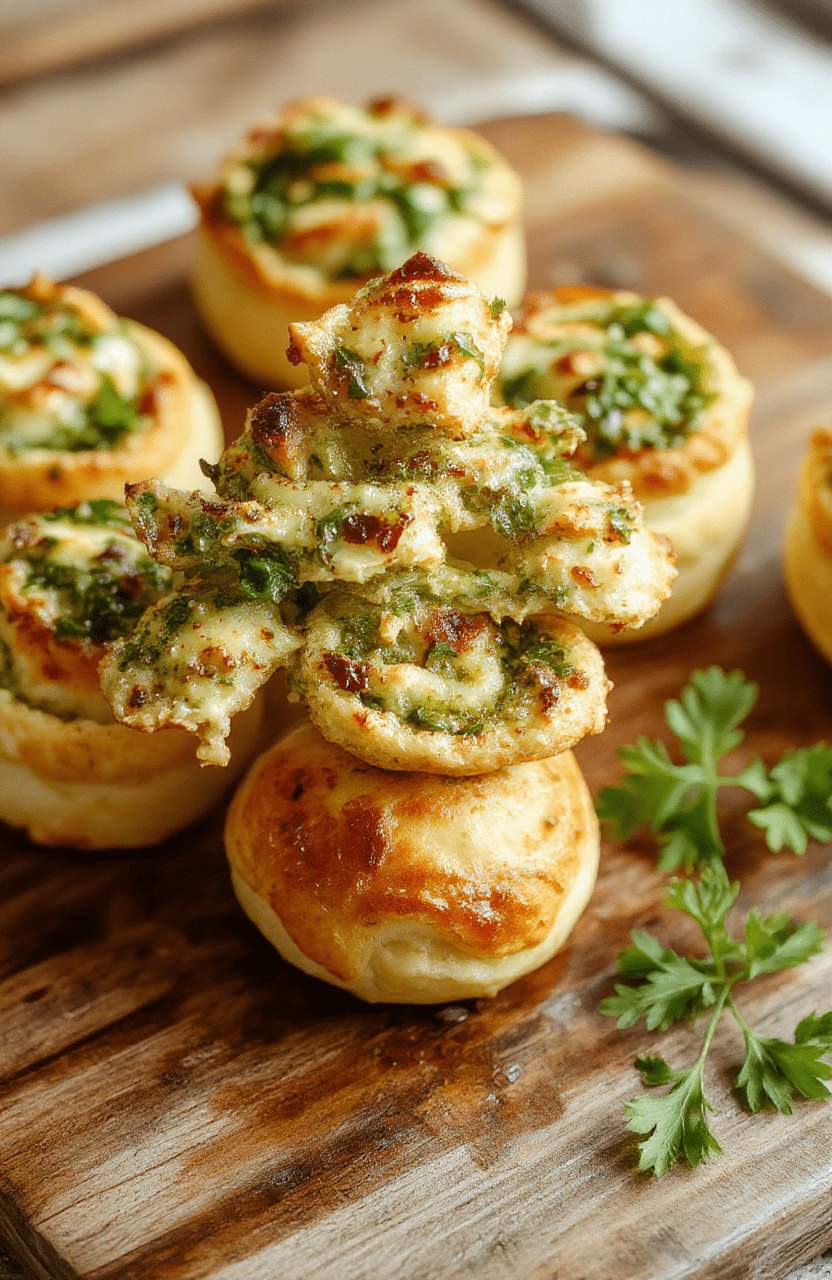 A beautifully arranged puff pastry tree decorated with dollops of vibrant green pesto, cherry tomato accents, and grated cheese on a rustic wooden board, with a blurred festive background, showcasing a flaky, golden-brown texture and fresh garnishes.