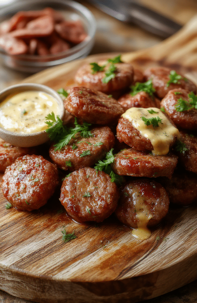 A close-up of golden-brown savory sausage bites arranged on a rustic wooden platter, garnished with fresh herbs and served alongside a small bowl of mustard, with a blurred background of a cozy kitchen setting.