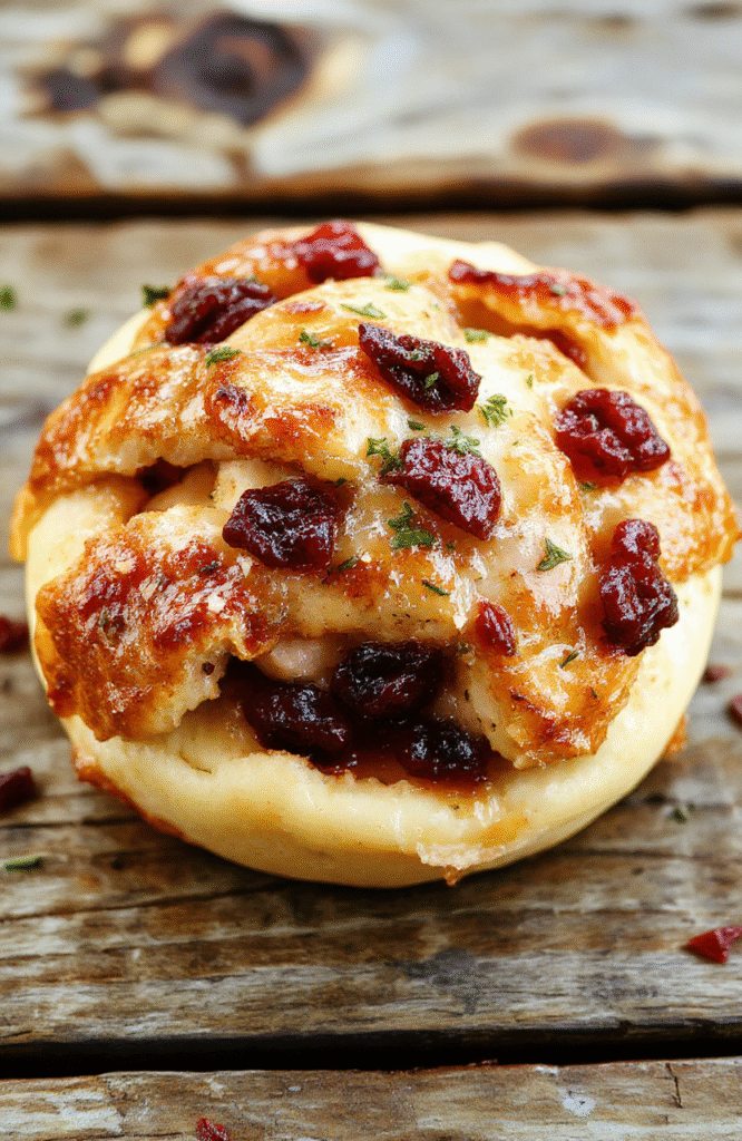 A golden crescent-shaped ring filled with juicy turkey, vibrant cranberry sauce, and melted cheese, garnished with fresh herbs, presented on a white plate with festive holiday decorations in the background.