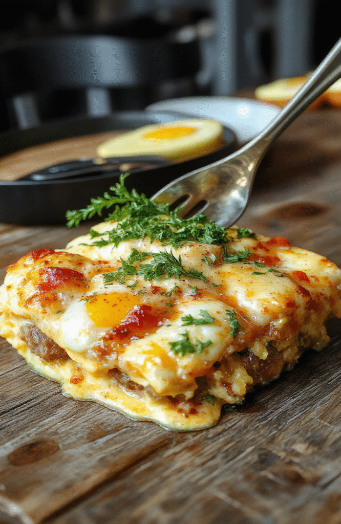 A colorful and hearty breakfast casserole featuring golden-brown eggs, melted cheese, sausage slices, and fresh herbs, served in a white ceramic dish on a rustic wooden table. The dish is garnished with chopped green onions and pepper, with a side of toasted bread and fresh vegetables, styled in warm natural lighting highlighting its textures and appetizing appearance.