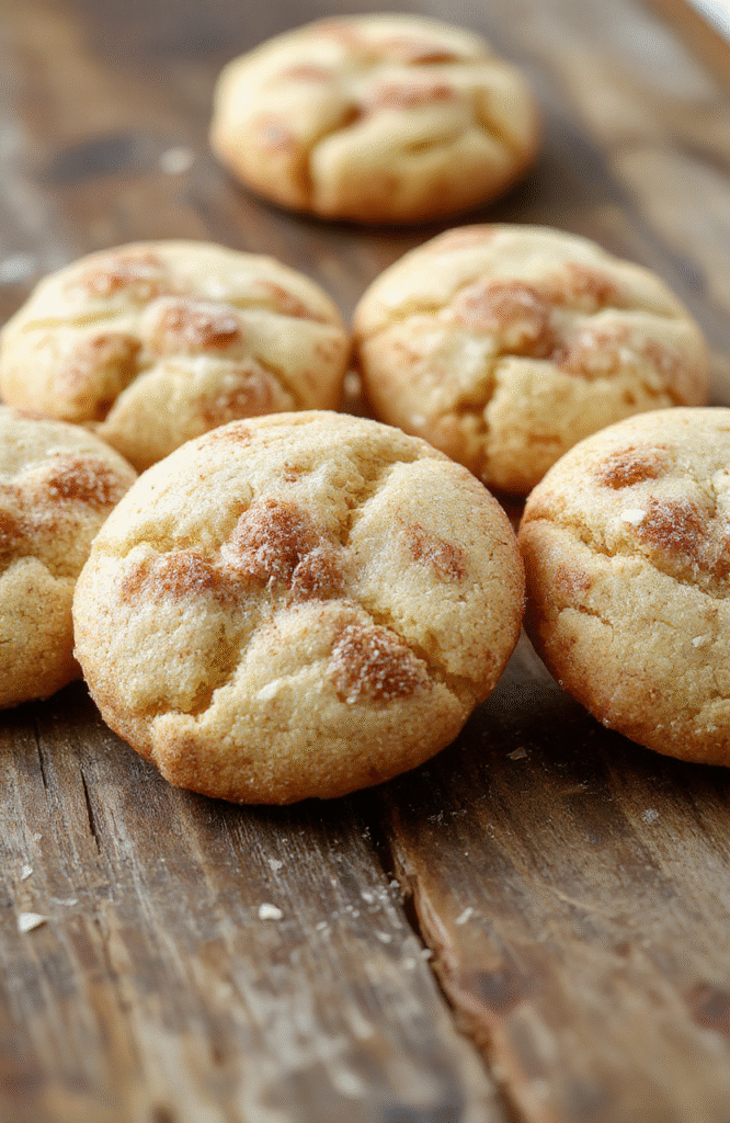 A batch of golden-brown, soft and chewy snickerdoodles arranged on a rustic wooden plate, topped with a sprinkle of cinnamon sugar. The cookies have a crackled surface with a warm, inviting appearance and a slightly cracked texture, emphasizing their chewy consistency. The background is softly blurred with a cozy kitchen ambiance, highlighting the delightful texture and cinnamon-sugar coating.