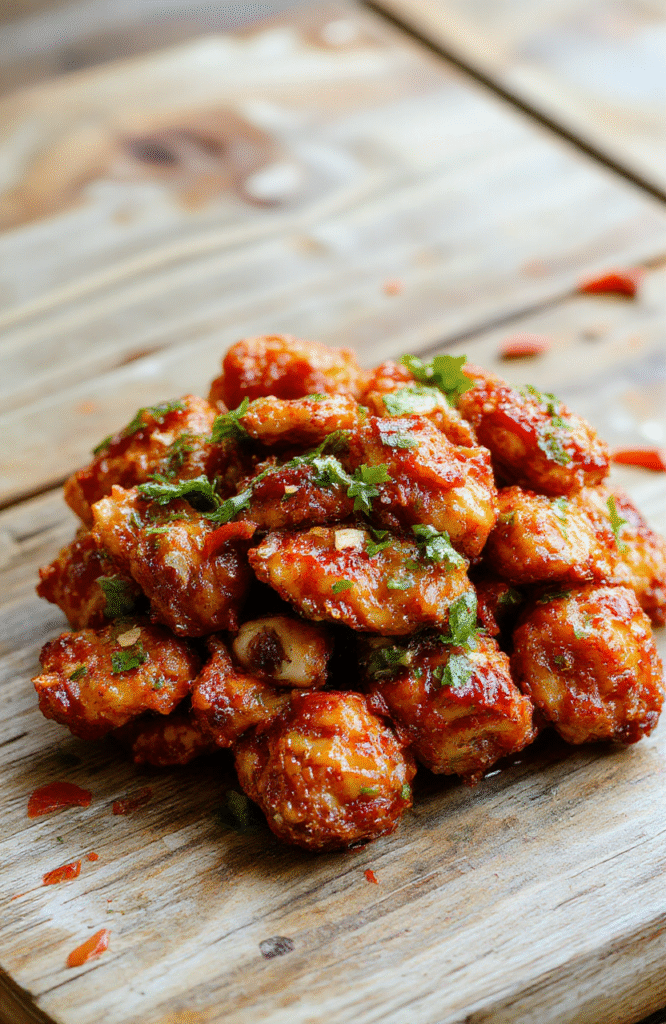 A vibrant plate of spicy firecracker chicken garnished with chopped green onions and sesame seeds, featuring crispy-looking chicken pieces coated in a bright red, glossy sauce, surrounded by colorful bell peppers and fresh herbs, styled on a rustic wooden surface with a focus on the glossy texture and bold colors.