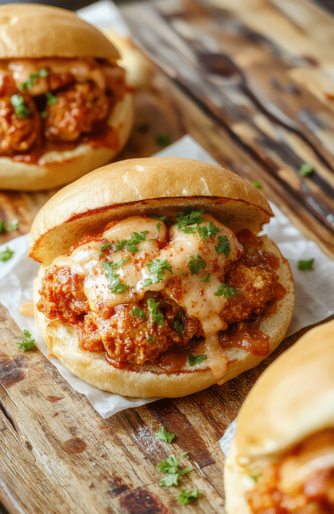 A vibrant plate featuring crispy spicy Nashville hot chicken nestled inside a toasted bun, topped with pickles and drizzled with spicy sauce. The sandwich is styled on a rustic wooden board with a side of crunchy potato chips and a small bowl of cooling coleslaw. The bright red sauce contrasts with golden-brown chicken, creating an inviting, fiery look. Soft natural light enhances the textures and vibrant colors, styled casually with a slight rustic aesthetic.