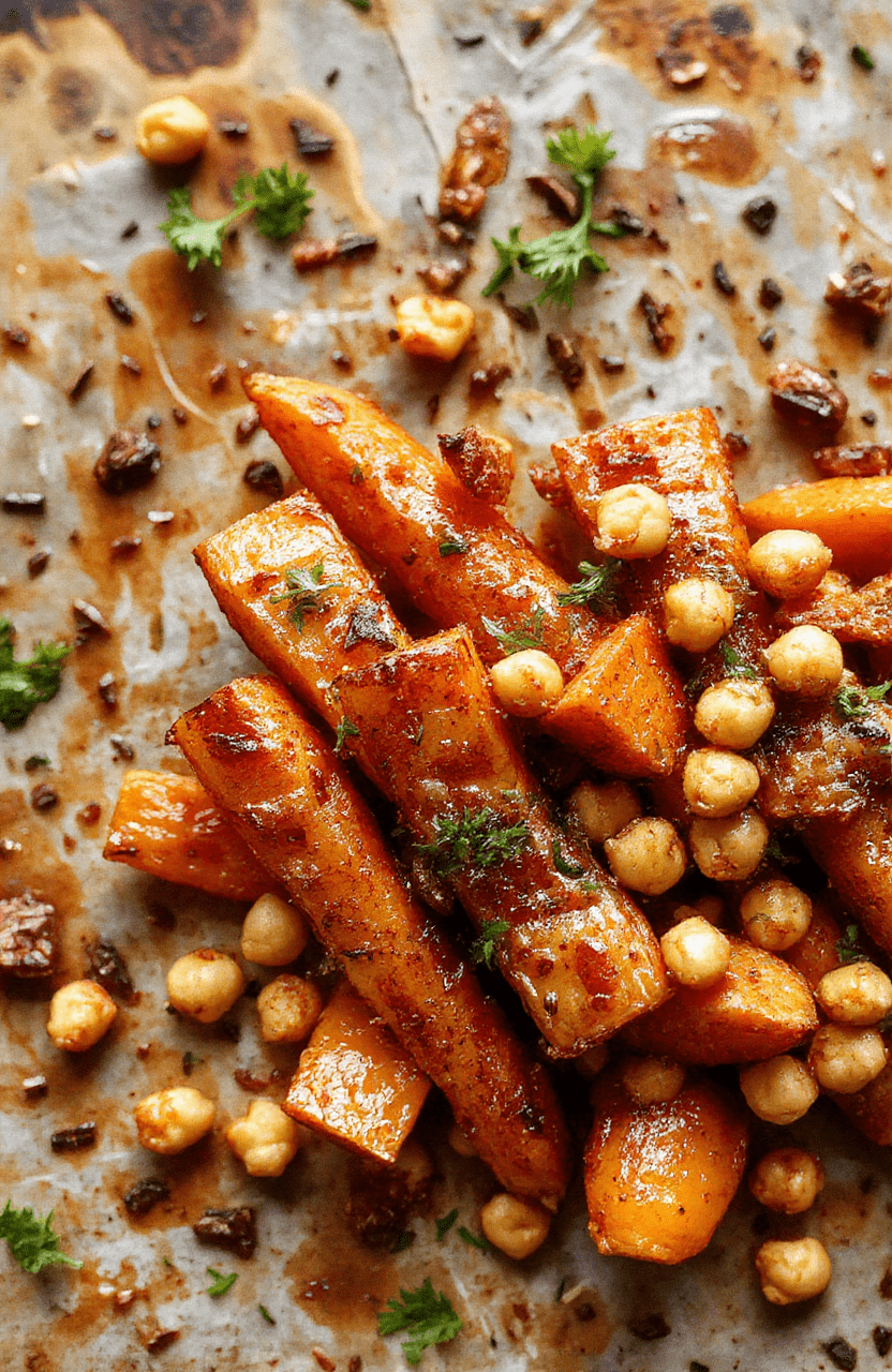 Colorful roasted carrots drizzled with spicy glaze, topped with crunchy crispy chickpeas, arranged on a white ceramic plate, garnished with fresh herbs, set on a rustic wooden table with natural daylight highlighting textures.