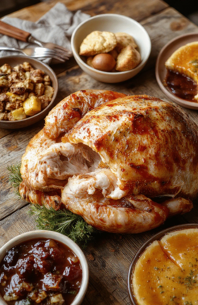 A vibrant Thanksgiving table featuring a golden roasted turkey surrounded by colorful vegetables, stuffing, cranberry sauce, and pumpkin pie, beautifully plated on a rustic wooden table with warm ambient lighting and autumn-themed decorations.