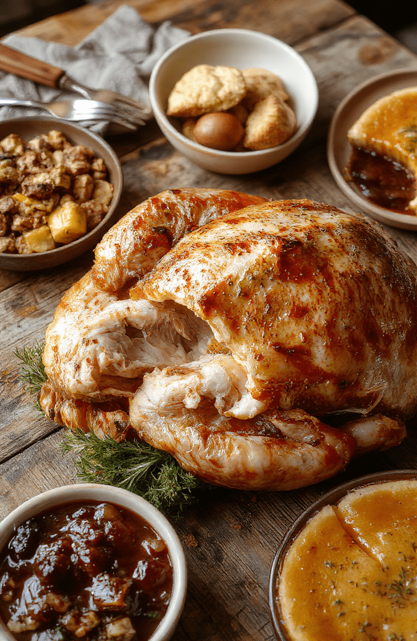 A vibrant Thanksgiving table featuring a golden roasted turkey surrounded by colorful vegetables, stuffing, cranberry sauce, and pumpkin pie, beautifully plated on a rustic wooden table with warm ambient lighting and autumn-themed decorations.