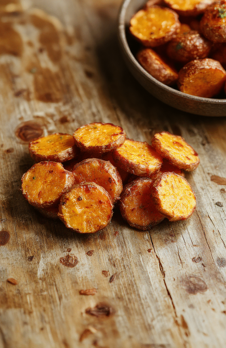 Colorful sweet potato rounds arranged neatly on a white ceramic plate, golden brown edges, crispy texture, garnished with fresh herbs, styled on a rustic wooden surface with natural lighting, inviting and vibrant visual.