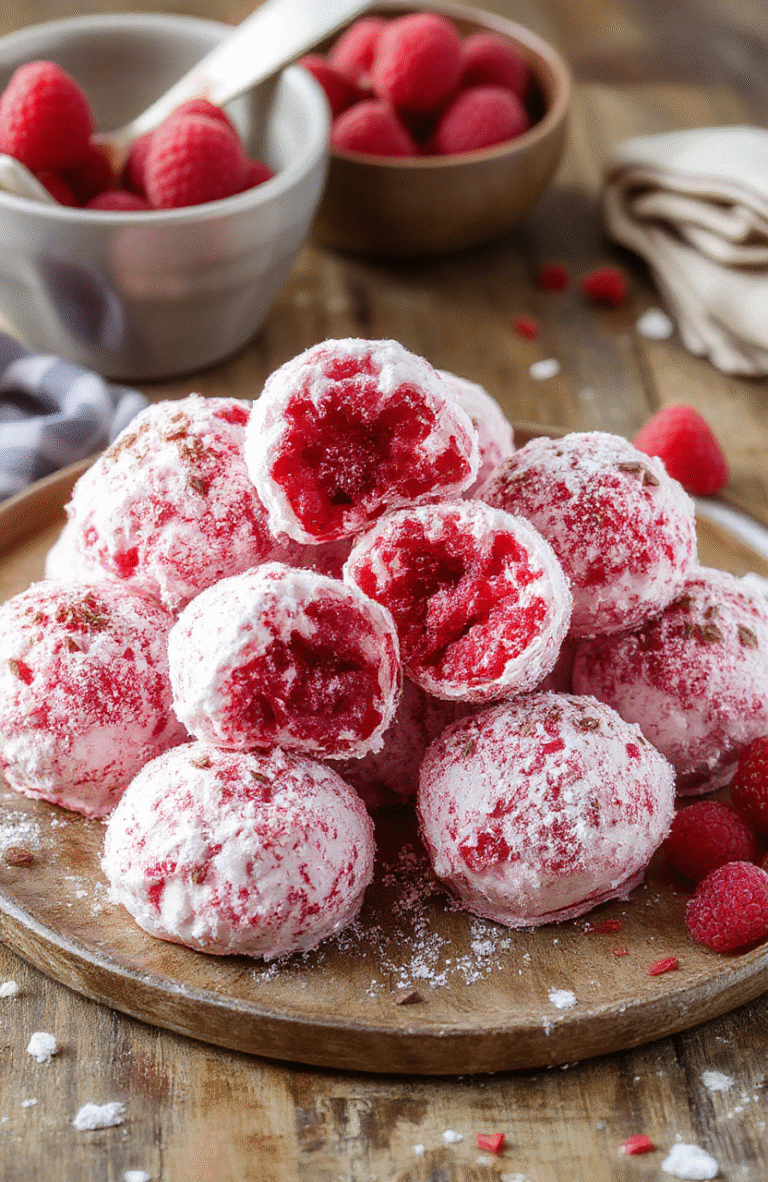 A plate of vibrant red raspberry snowballs coated in powdery sugar, arranged on a festive platter. The cookies are round, textured with a soft, crumbly surface, and dusted generously with powdered sugar. The background features soft holiday decor with warm lighting, enhancing the cheerful, cozy atmosphere.
