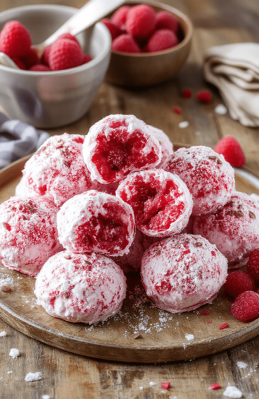 A plate of vibrant red raspberry snowballs coated in powdery sugar, arranged on a festive platter. The cookies are round, textured with a soft, crumbly surface, and dusted generously with powdered sugar. The background features soft holiday decor with warm lighting, enhancing the cheerful, cozy atmosphere.