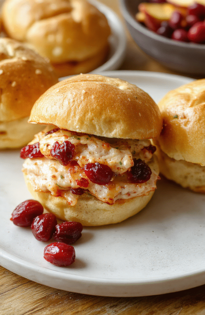 Colorful turkey and cranberry sliders arranged on a rustic white plate with sprigs of fresh herbs, set against a warm wooden table. The sliders feature golden-brown buns with visible layers of turkey, cranberry sauce, and melted cheese, with a slight sheen from glaze. Soft natural daylight highlights textures and vibrant colors, creating an inviting and festive presentation.