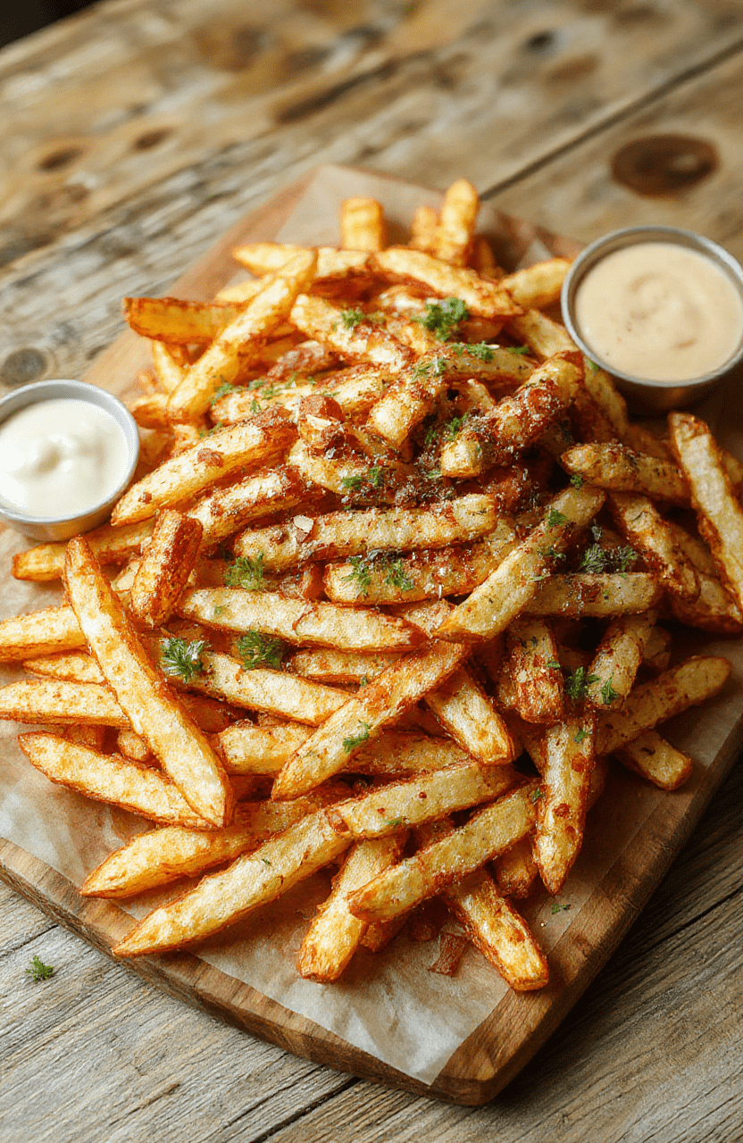 A vibrant, colorful French fry board featuring golden crispy fries arranged artfully on a wooden serving platter. Garnished with fresh herbs, served alongside small bowls of various dipping sauces such as aioli, ketchup, and spicy mayo. The fries are crispy, textured, and steaming hot, surrounded by arranged mini pickles, cherry tomatoes, and slices of bread for an inviting party spread. Natural lighting highlights the crispiness and vibrant colors.