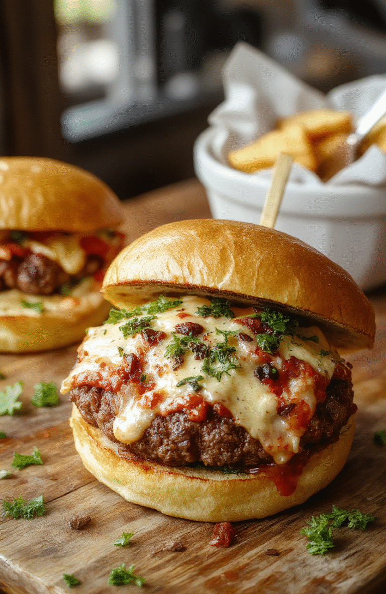 A vibrant plate showcasing stacked pizza burgers with melted cheese, pepperoni slices, fresh basil, and crispy burger buns, styled on a rustic wooden table with colorful condiments and a side of crispy fries.